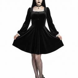 BEYAZ DANTEL DETAYLI SİYAH KADİFE ELBİSE GOTİK