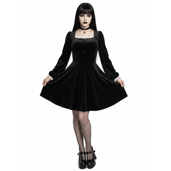 BEYAZ DANTEL DETAYLI SİYAH KADİFE ELBİSE GOTİK