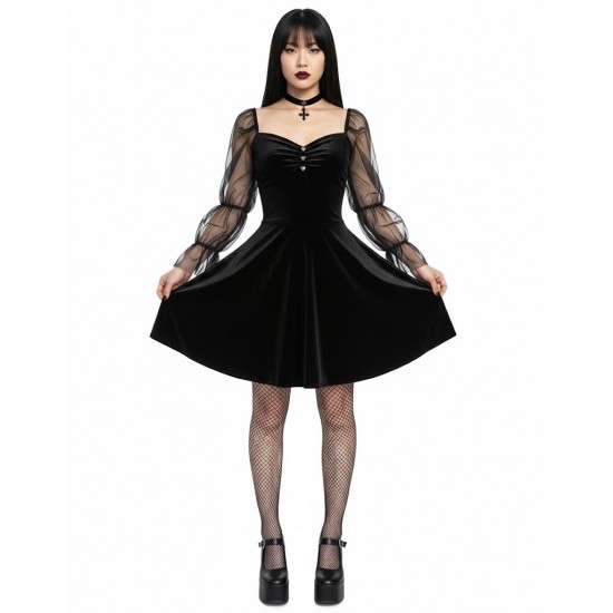 KOLLARI TÜL DETAYLI SİYAH GOTİK ELBİSE